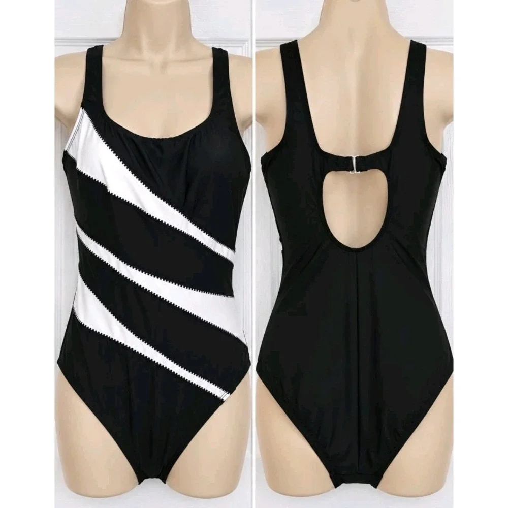MIRACLESUIT SIZE 1 HELIX COLORBLOCK BLK/WHT TUMMY CONTROL ONE PIECE NWT $178